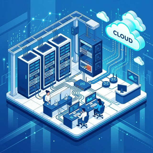 IT infrastructure isometric illustration — servers, computers, and network equipment